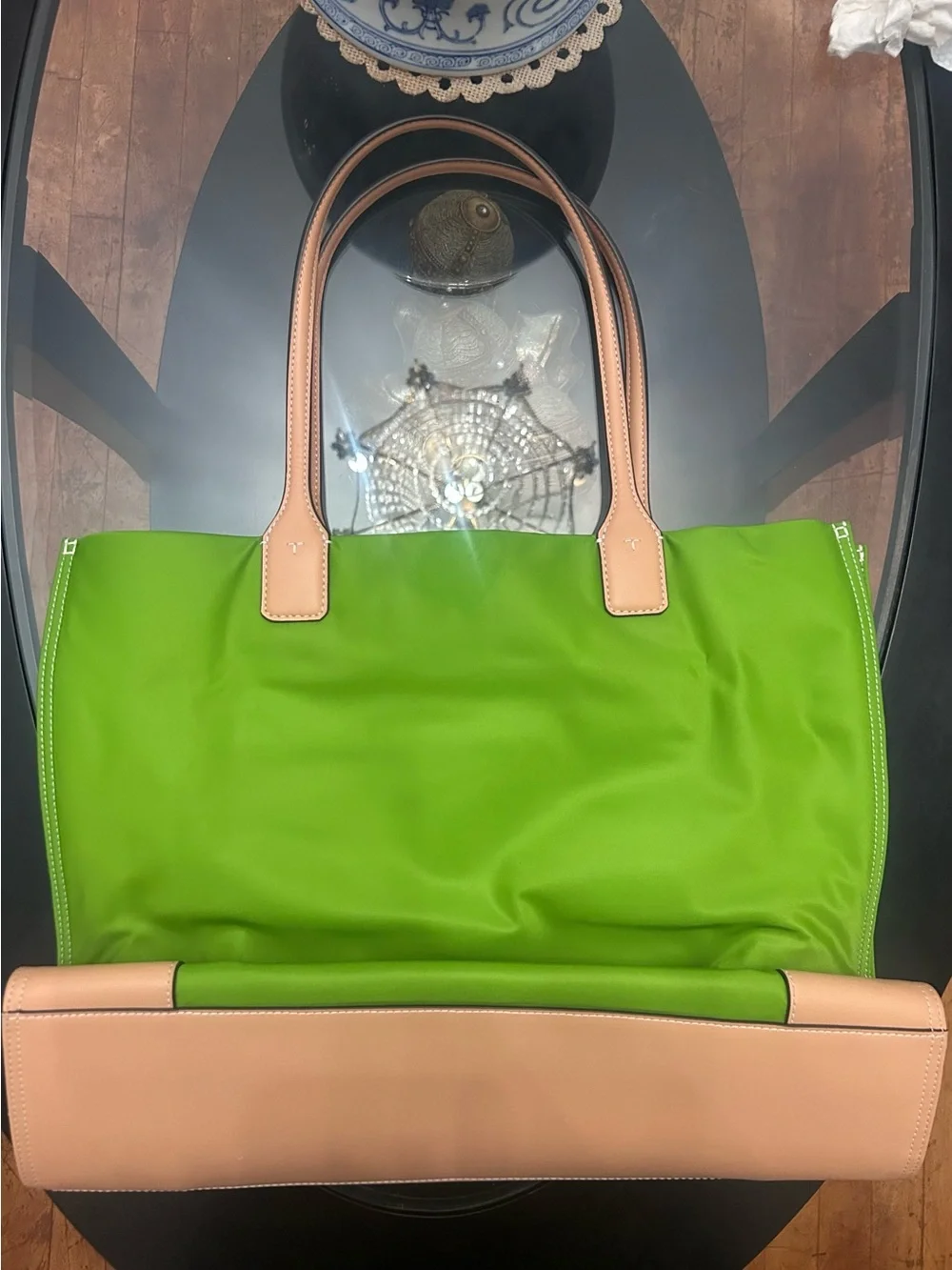 Tory Burch Lime Green Nylon Tote with Tan Leather Trim